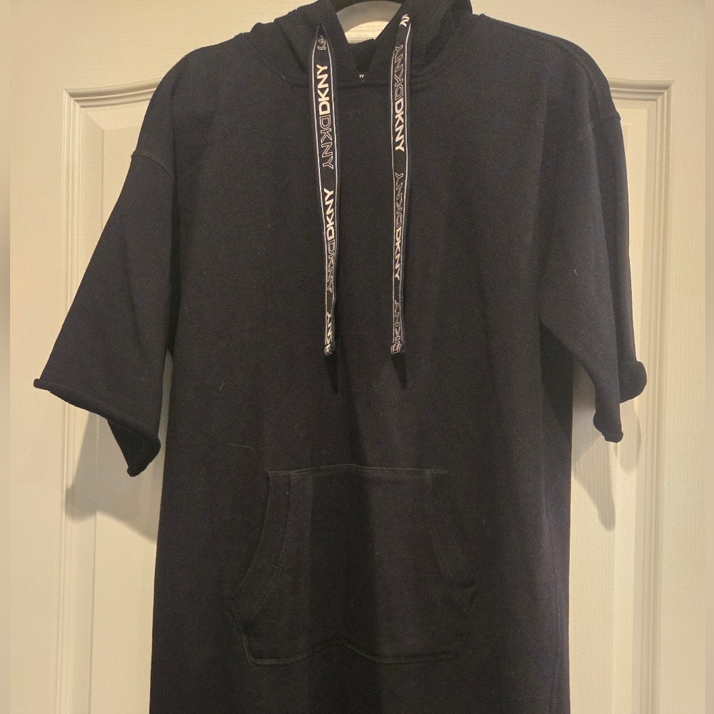 DKNY Black Short-Sleeve Hoodie with Branded Drawstrings
